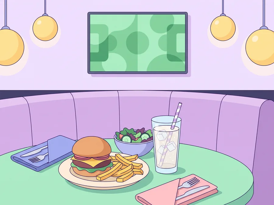 Flat illustration of a pub table: a burger with fries, a small salad and a glass of soda, a padded booth and a screen behind.