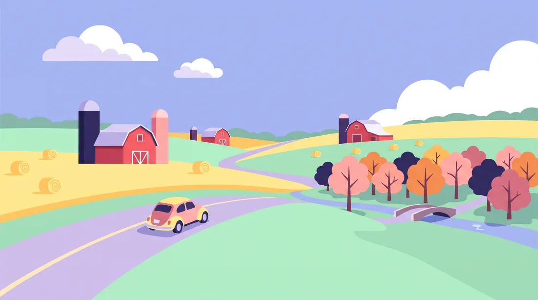 Flat illustration of a country road curving through rolling farmland with red barns, silos, hay bales and autumn trees.